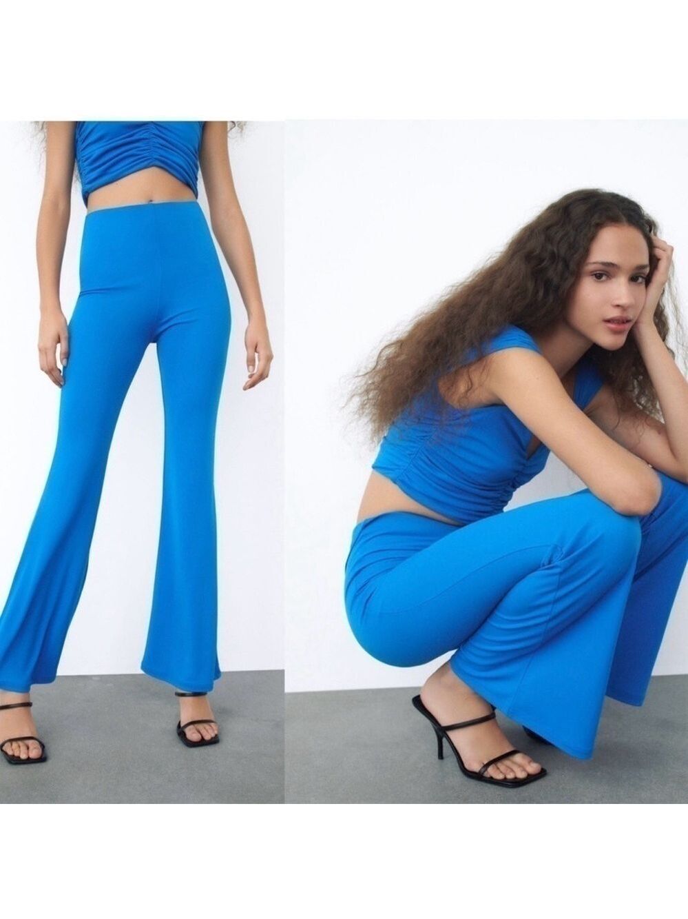 Zara blue stretchy high waisted flare pull on pants Sz S NWT